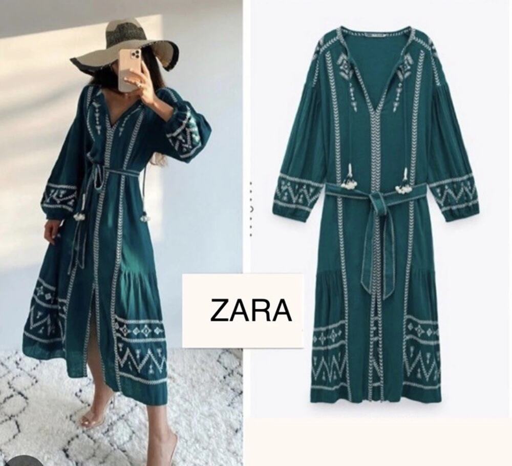 Zara Embroidered Green Cotton Tassel Maxi midi long Kaftan Dress M 5107/051/514